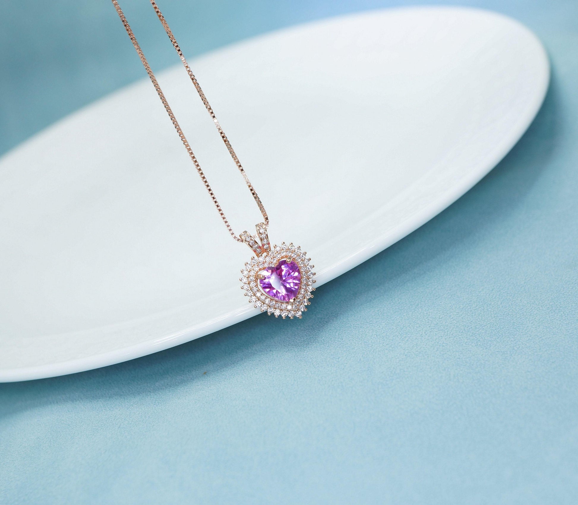 Pink Tourmaline Necklace - Double Halo Heart Rose gold at Sterling Silver - 8mm 2 ct Pink Tourmaline Pendant Jewelry #975