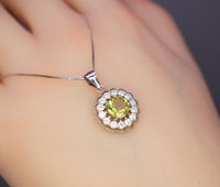 Genuine Peridot Necklace - Sterling Silver Green Peridot Flower Necklace Diamond 18k white gold 1079