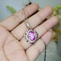 Large Pink Tourmaline Necklace- Sterling Silver Gemstone Flower OF Life Pendant - Oval 4 ct Wedding Bridal Pendant #630