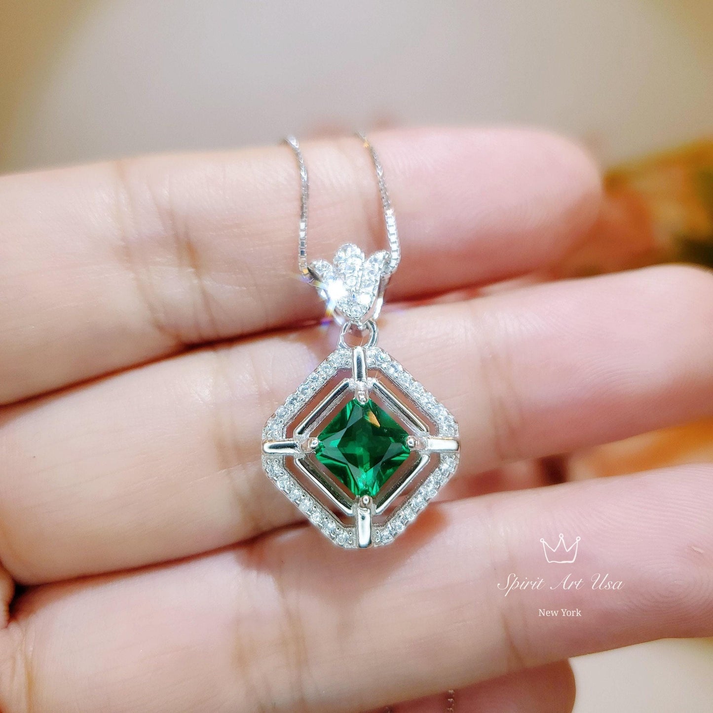 Emerald Pendant Necklace in 925 Sterling Silver Overlap Square Design May Birthstone 18K white yellow rose Gold Plated Gemstone Jewelry 249