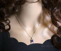 Sterling Silver Amethyst Necklace, Geometric Rectangle Natural Amethyst Pendant 925 Silver Box Chain February Birthstone 1055