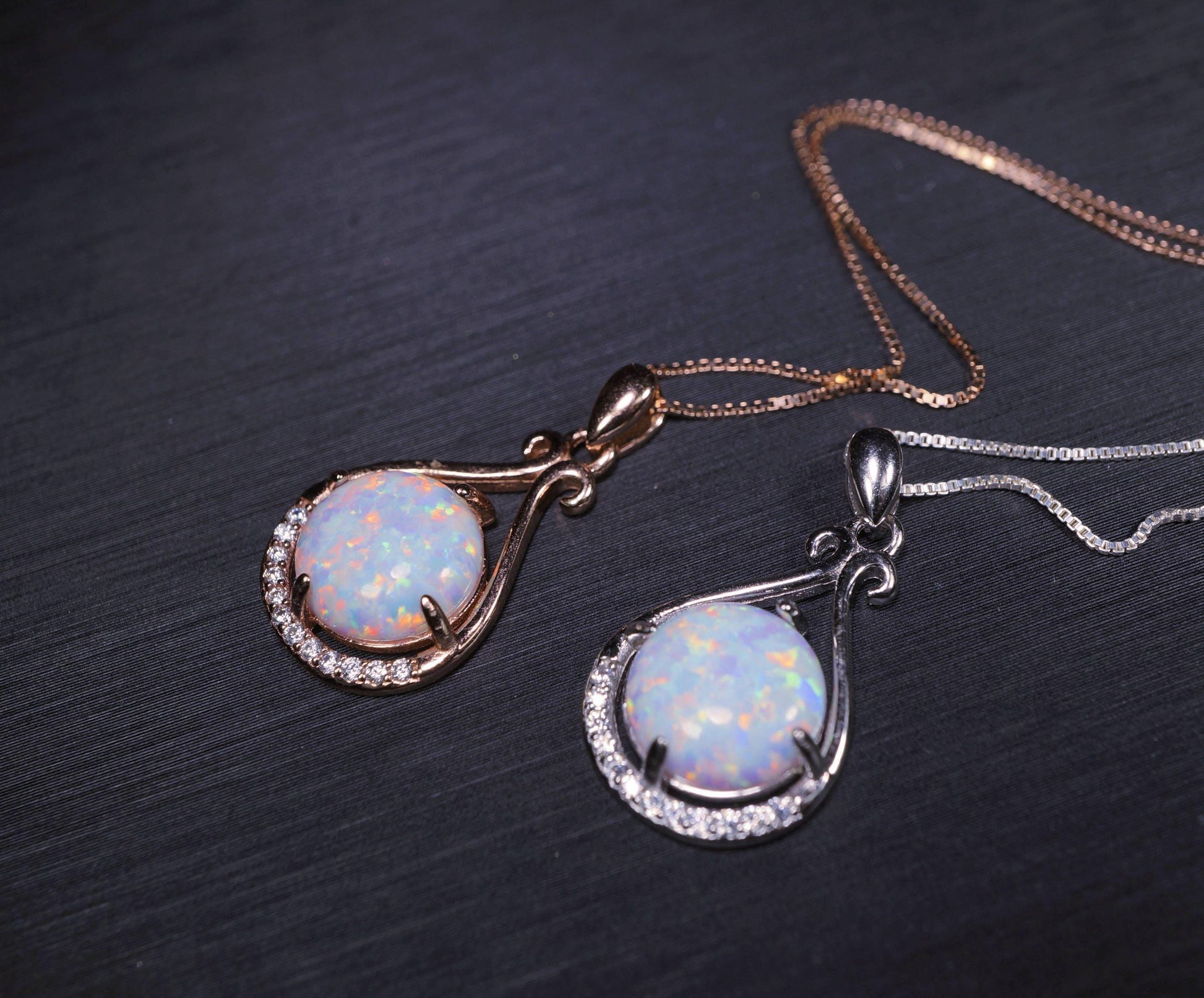 Rose Gold Opal Necklace, Sterling Silver Box Chain Round 10mm White Opal Necklace - Large High Quality Flash Opal Jewelry #123