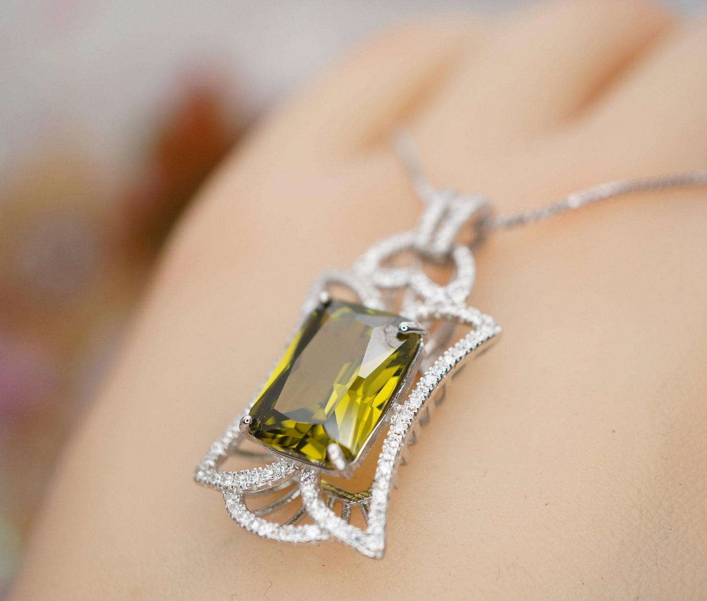 9 CT Large Peridot Necklace - Gemstone Royal Flower Pendant - 18kgp @ Sterling Sliver - Rectangle Radiant Peridot Jewelry #725