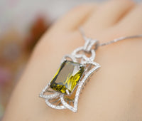 9 CT Large Peridot Necklace - Gemstone Royal Flower Pendant - 18kgp @ Sterling Sliver - Rectangle Radiant Peridot Jewelry #725