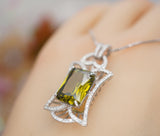 9 CT Large Peridot Necklace - Gemstone Royal Flower Pendant - 18kgp @ Sterling Sliver - Rectangle Radiant Peridot Jewelry #725