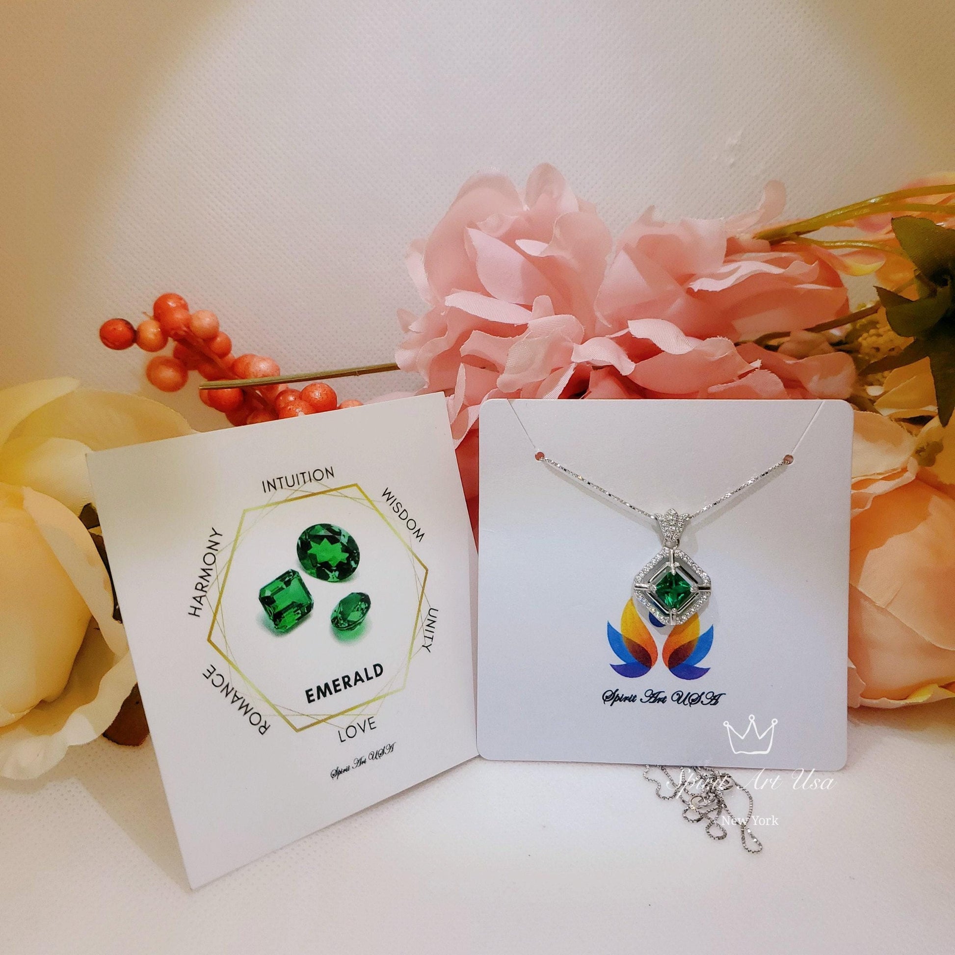 Emerald Pendant Necklace in 925 Sterling Silver Overlap Square Design May Birthstone 18K white yellow rose Gold Plated Gemstone Jewelry 249