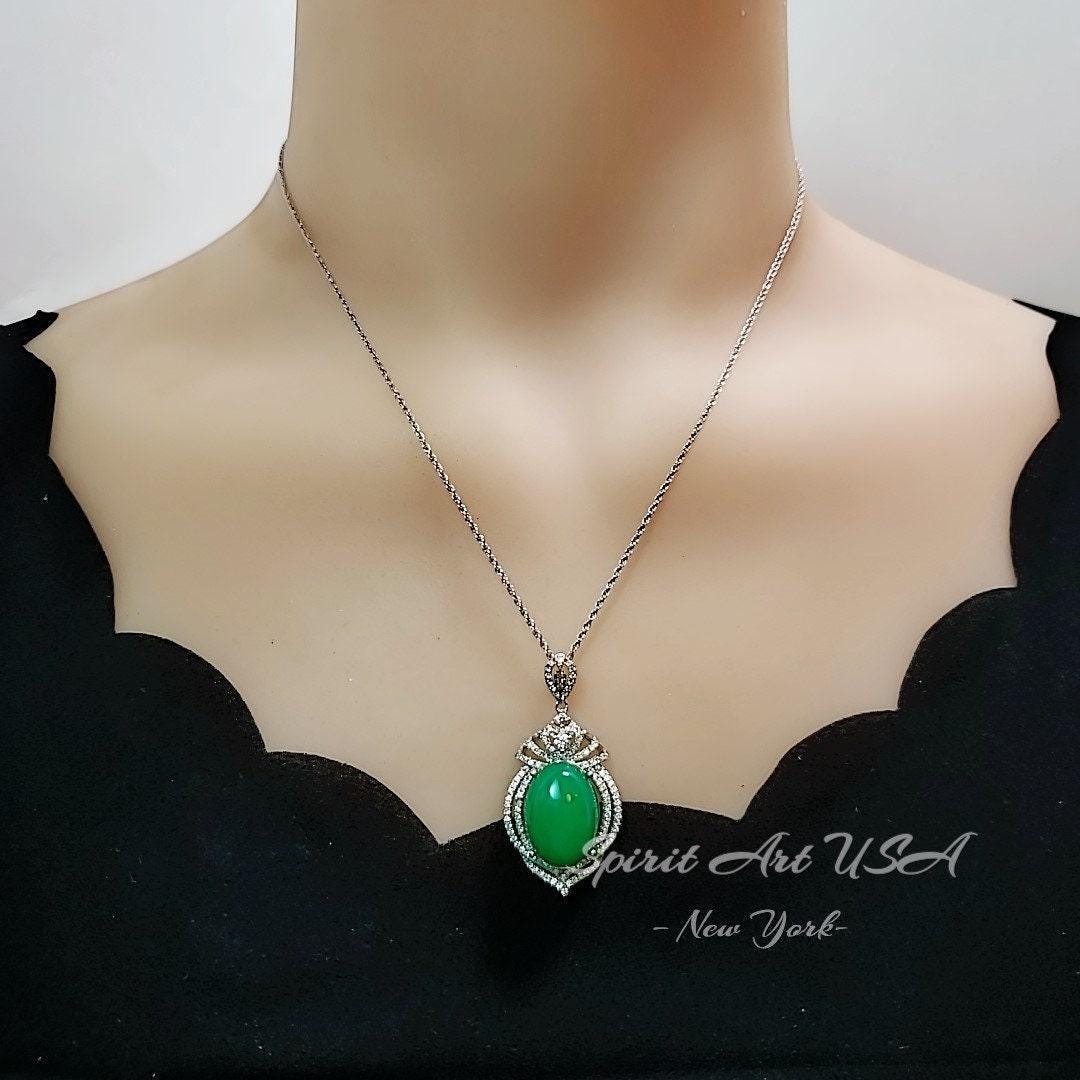 Large Green Jade Necklace Diamond Crown White Gold Coated Sterling Silver Green Jade Pendant Jewelry 1046