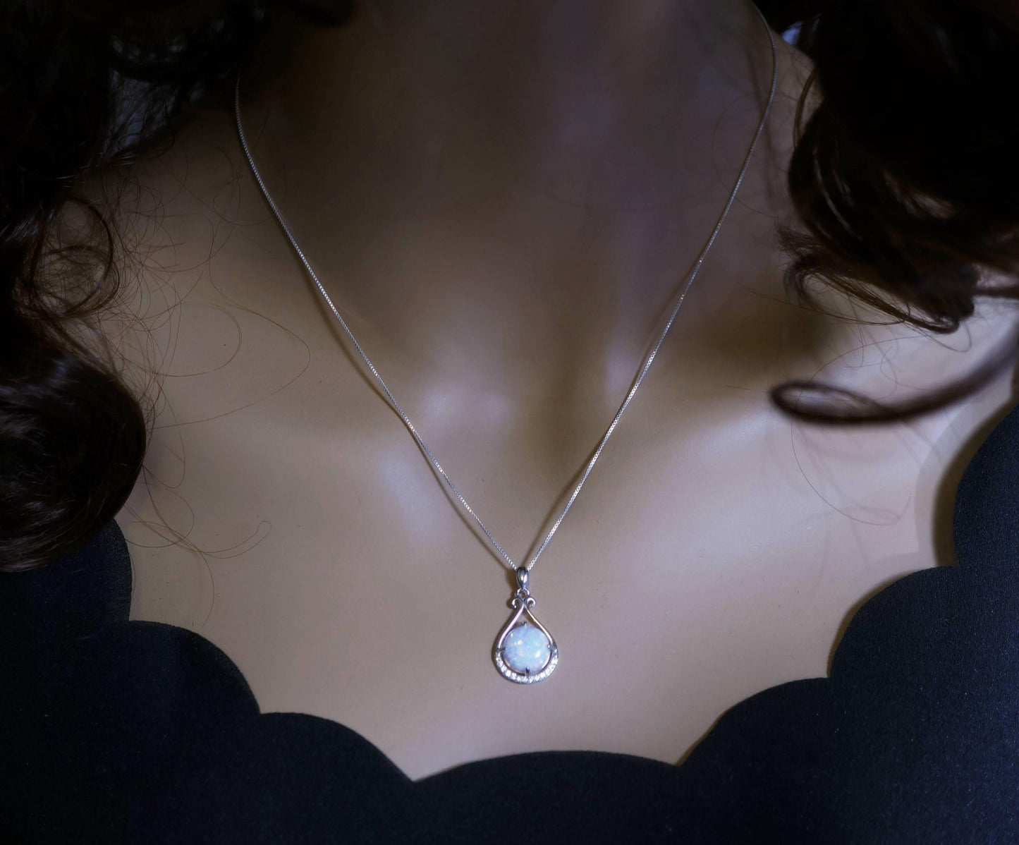 Rose Gold Opal Necklace, Sterling Silver Box Chain Round 10mm White Opal Necklace - Large High Quality Flash Opal Jewelry #123