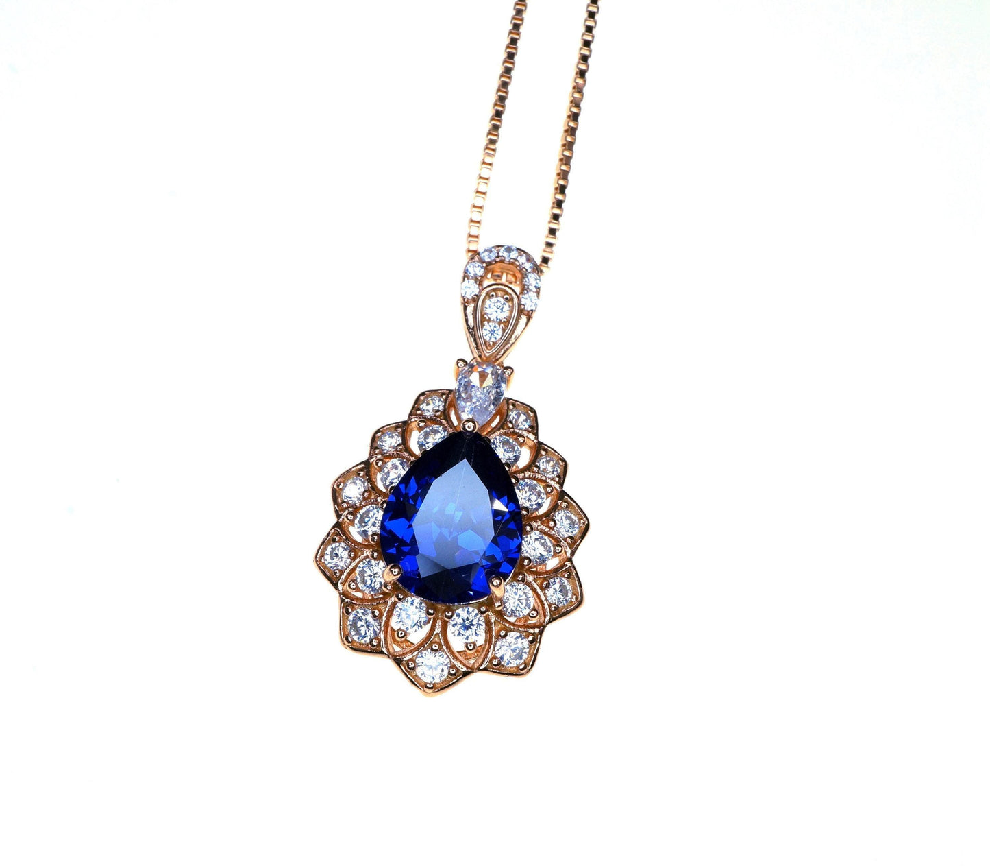 Teardrop Tanzanite Necklace Rose Gold Sterling Silver 3CT Blue Tanzanite Pendant December Birthstone - Layered Lily Flower #751