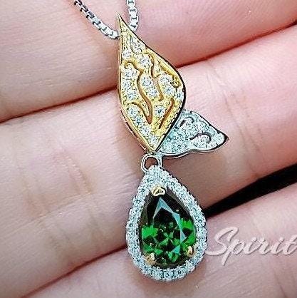 Green Emerald Necklace - Butterfly Flower Pendant - 18kgp @ Sterling Silver - 1 CT Teardrop Emerald Jewelry #517