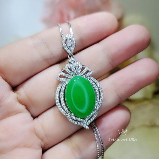 Large Green Jade Necklace Diamond Crown White Gold Coated Sterling Silver Green Jade Pendant Jewelry 1046