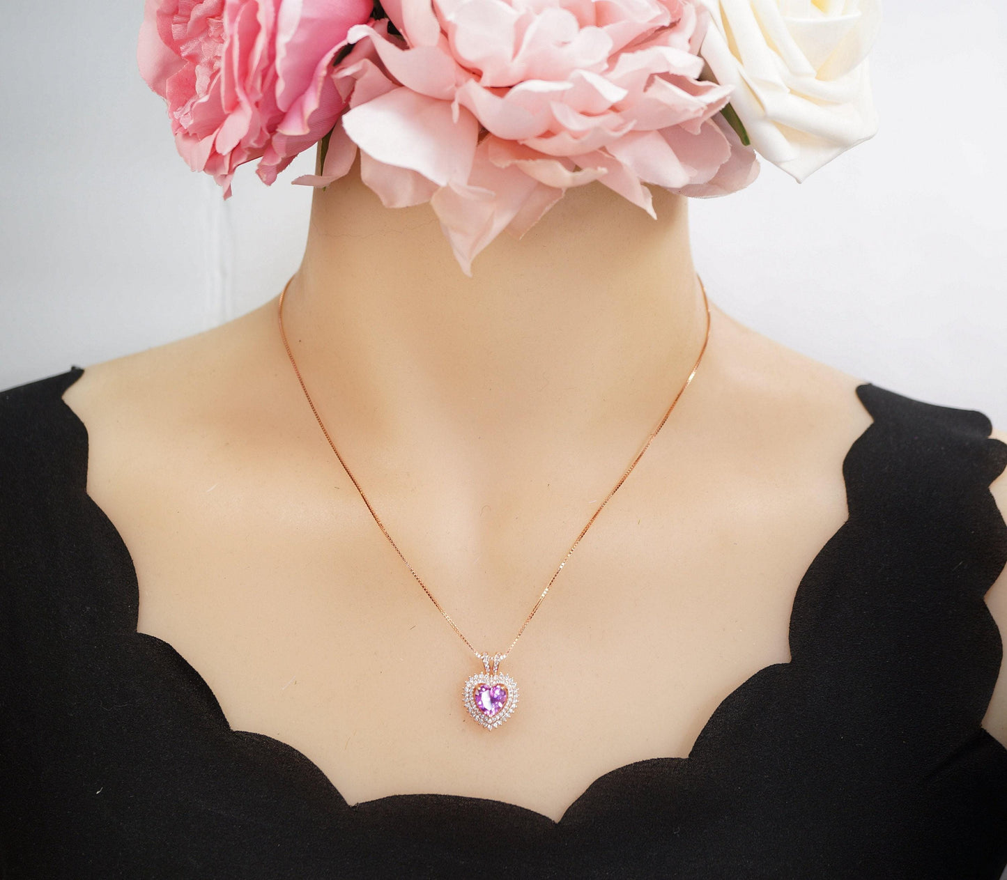Pink Tourmaline Necklace - Double Halo Heart Rose gold at Sterling Silver - 8mm 2 ct Pink Tourmaline Pendant Jewelry #975