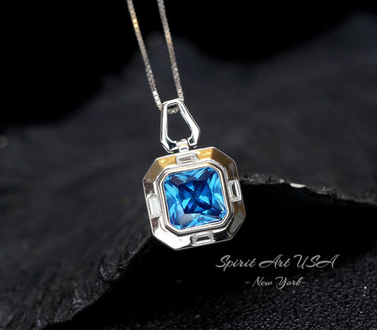 Square Blue Sapphire Necklace - Blue Sapphire Pendant - 18KGP @ Sterling Silver - September Birthstone #929