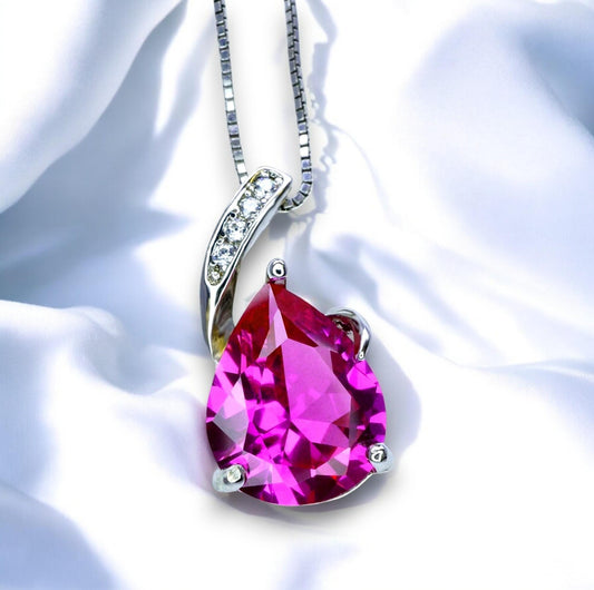 Simple Pink Sapphire Necklace, Large Teardrop Pink Sapphire Jewelry - 18k White Gold @ Sterling Silver #606