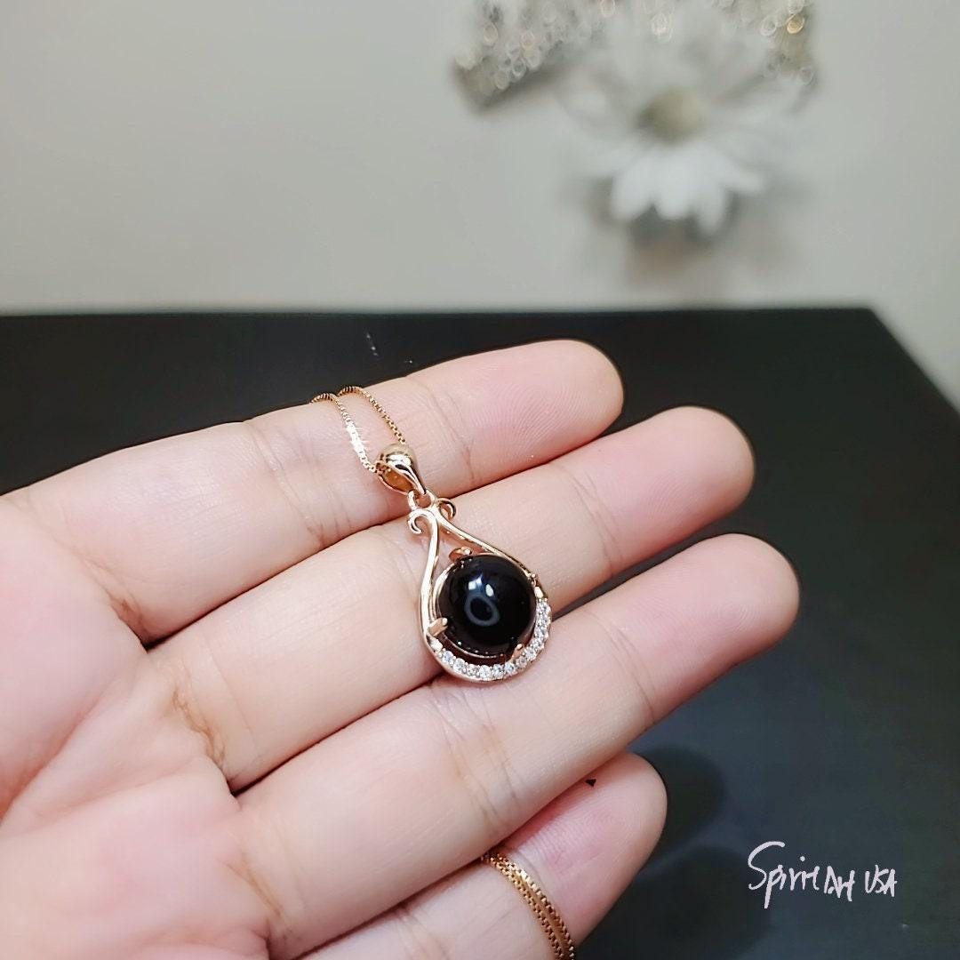 Black Onyx Necklace - Rose Gold coated 925 Sterling Silver Black Agate - Pendant High Frequency Protective Energy Root Chakra Healing #147