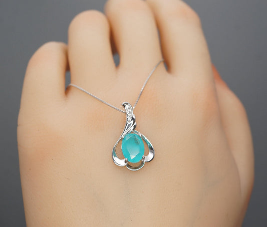 Blue Paraiba Necklace - Sterling Silver - Paraiba Tourmaline Jewelry - White Gold Blue Gemstone Pendant - Simple 18KGP Jewelry #010