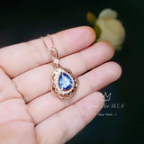 Rose Gold Blue Sapphire Necklace 2.75 CT Teardrop Royal Blue Gemstone Pendant Sterling Silver Pear Gemstone Halo Gold Petal Jewelry #743