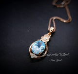 Rose Gold Coated Aquamarine Necklace - Sterling Silver Oval Cut 3 CT - March Birthstone Flower Style Solitaire Aquamarine Pendant #930