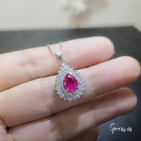 Ruby Necklace double Gemstone Teardrop Halo Red Gemstone Pendant 18KGP Sterling Silver Pear gemstone Jewelry #361