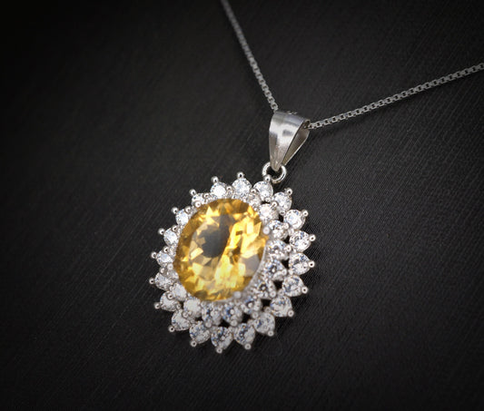 Genuine Citrine Necklace Diamond Halo Solitaire Natural Large 3 ct Citrine Pendant November Birthstone - 18KGP @ Sterling Silver #775