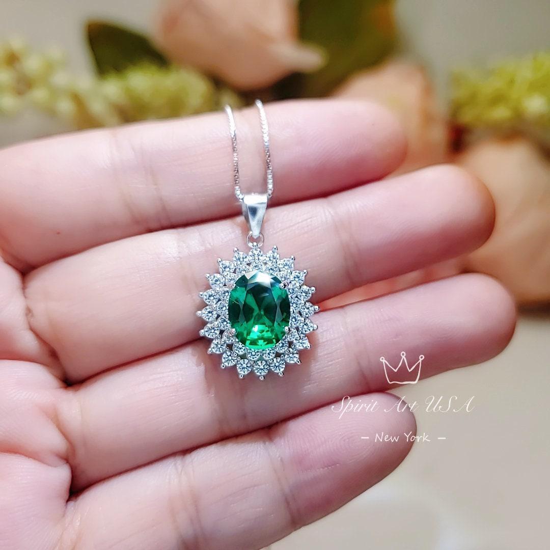Double Halo Gemstone Emerald Necklace - White Gold Sterling Silver Halo Solitaire 3 Ct Emerald Pendant - Oval Cut May Birthstone #628