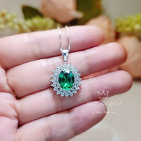 Double Halo Gemstone Emerald Necklace - White Gold Sterling Silver Halo Solitaire 3 Ct Emerald Pendant - Oval Cut May Birthstone #628