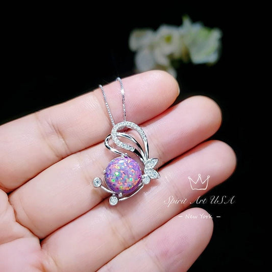 Rainbow Purple Opal Necklace - White Gold coated Sterling Silver Purple Opal Pendant - Butterfly Necklace #511