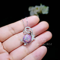 Rainbow Purple Opal Necklace - White Gold coated Sterling Silver Purple Opal Pendant - Butterfly Necklace #511
