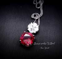 Four leaf clover Ruby Necklace - Cushion Cut - 5.5 CT Large Red Ruby Pendant - Gemstone Flower Bail - White Gold Plate Sterling Silver #581