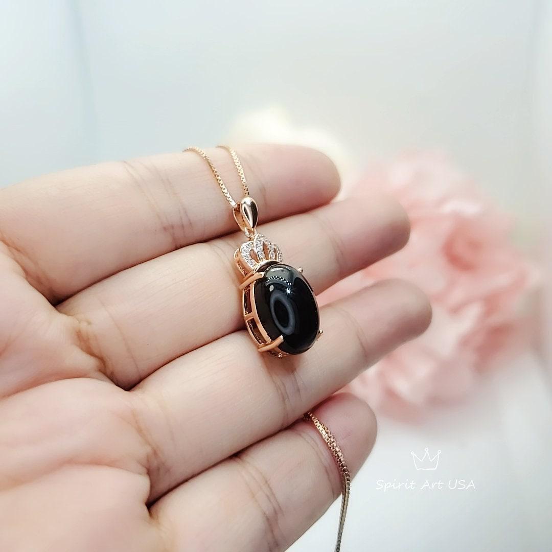 Black Onyx Necklace, Gemstone Crown Rose Gold coated 925 Sterling Silver Black Onyx Pendant Root Chakra Healing #430