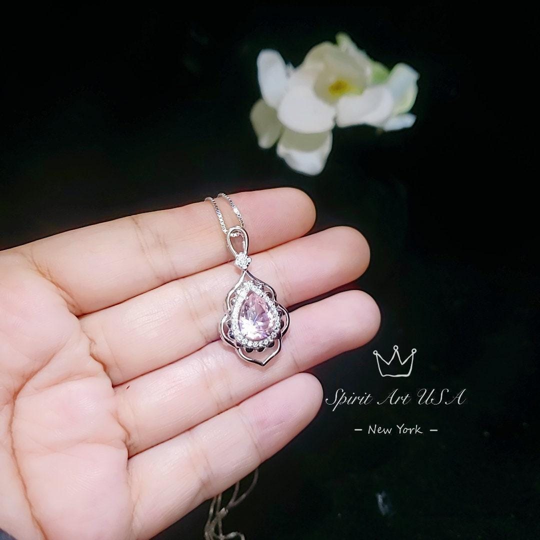 Morganite Necklace Gemstone Leaf Style 18kgp @ Sterling Silver - 2.75 CT Pink Gemstone - June Birthstone - Teardrop Morganite Jewelry #731