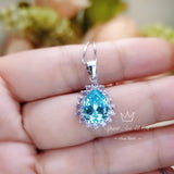 Large Teardrop Aquamarine Necklace - Sterling Silver 3 CT Blue Aquamarine Pendant March Birthstone Pink Tourmaline Halo Pear Aquamarine #528