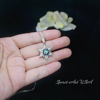 Gemstone Star Mystic Topaz Necklace - 18KGP Sterling Silver - 6 Point Star Pendant - 2CT Hexagram Art Deco Rainbow Topaz Jewelry #816