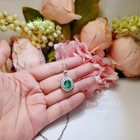 Double Halo Gemstone Emerald Necklace - White Gold Sterling Silver Halo Solitaire 3 Ct Emerald Pendant - Oval Cut May Birthstone #628