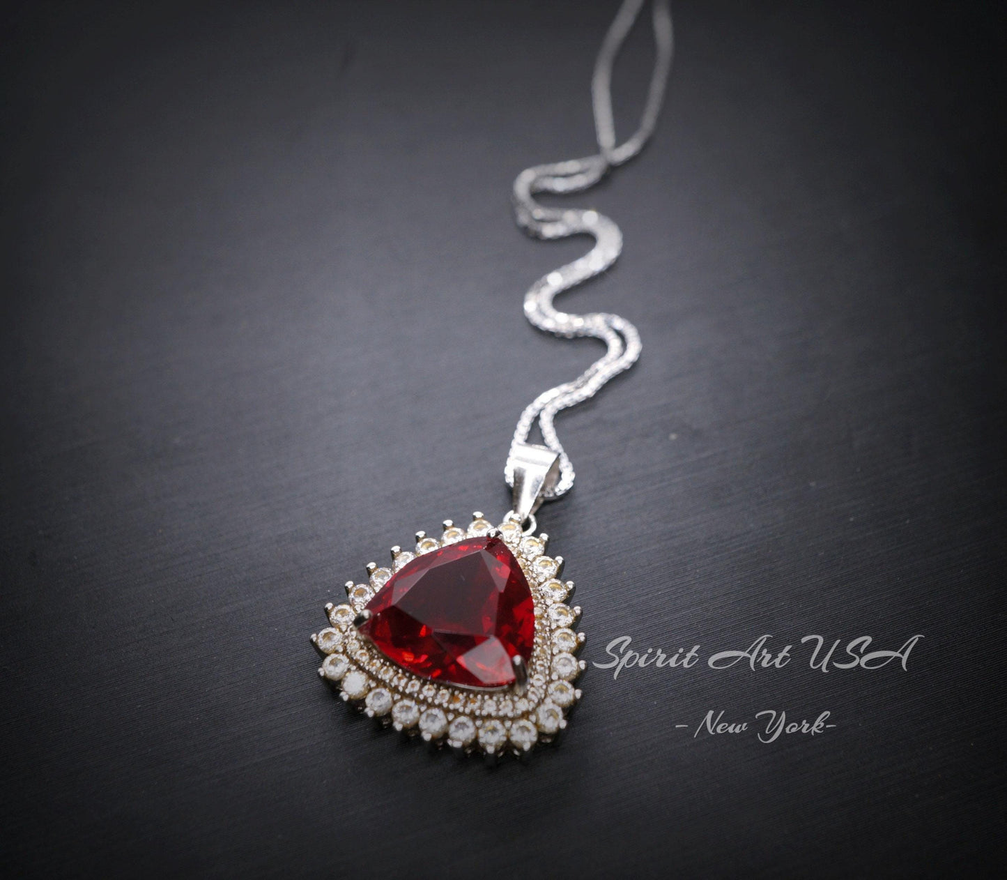 Large Red Ruby Necklace - Trillion Cut Sterling Silver 8 ct July Birthstone Red Ruby Jewelry #638