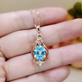 Rose Gold Coated Aquamarine Necklace - Sterling Silver Oval Cut 3 CT - March Birthstone Flower Style Solitaire Aquamarine Pendant #930