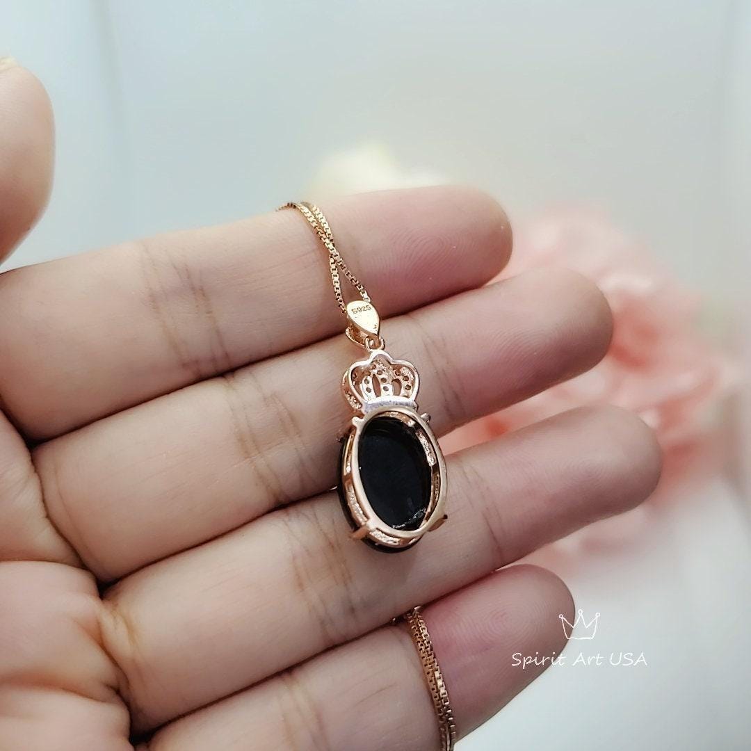 Black Onyx Necklace, Gemstone Crown Rose Gold coated 925 Sterling Silver Black Onyx Pendant Root Chakra Healing #430