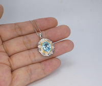 Large Aquamarine Necklace - March Birthstone - 18KGP @ Sterling Silver - Gemstone Royal Flower Style - 2.8 CT Blue Aquamarine Jewelry #722