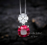 Four leaf clover Ruby Necklace - Cushion Cut - 5.5 CT Large Red Ruby Pendant - Gemstone Flower Bail - White Gold Plate Sterling Silver #581