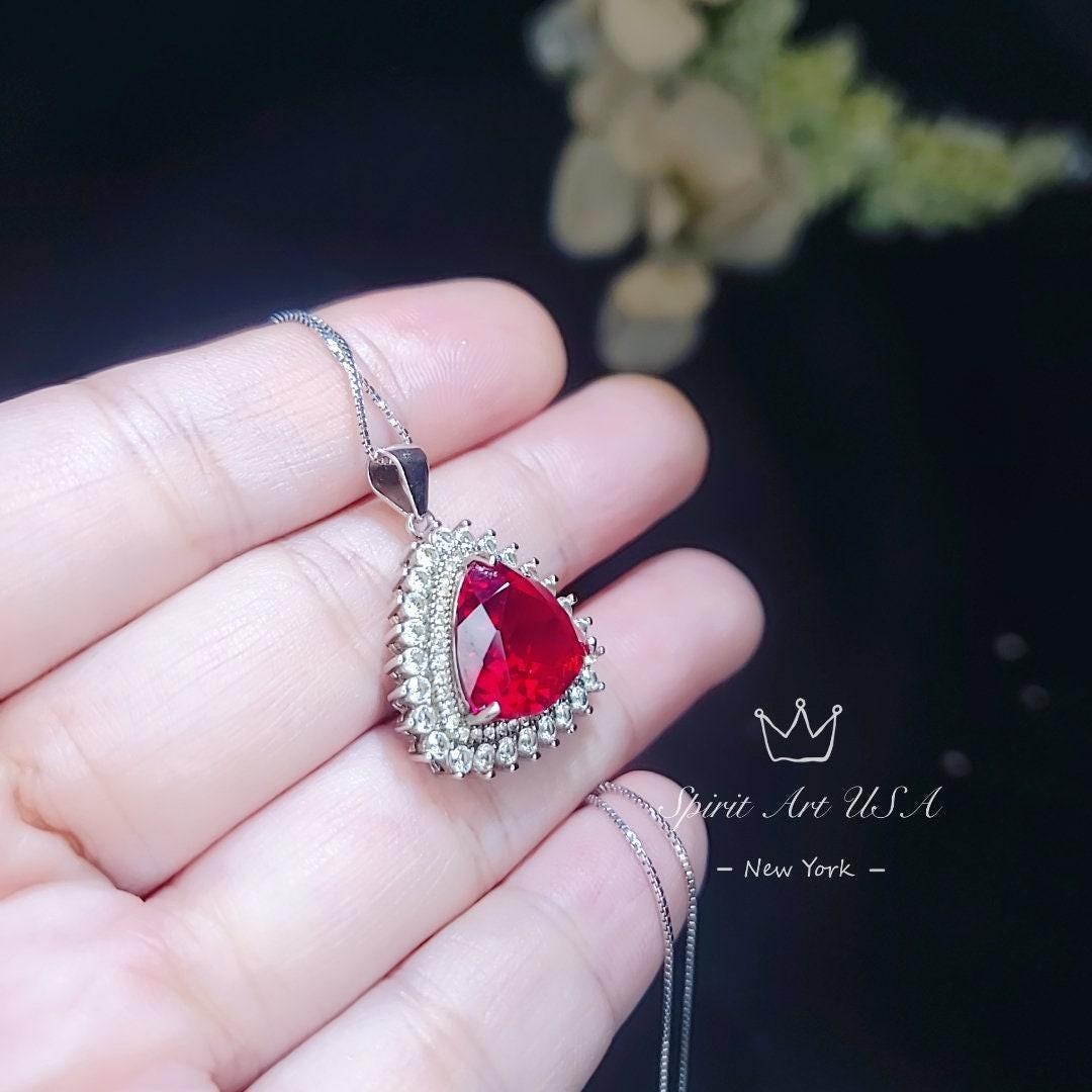 Large Red Ruby Necklace - Trillion Cut Sterling Silver 8 ct July Birthstone Red Ruby Jewelry #638