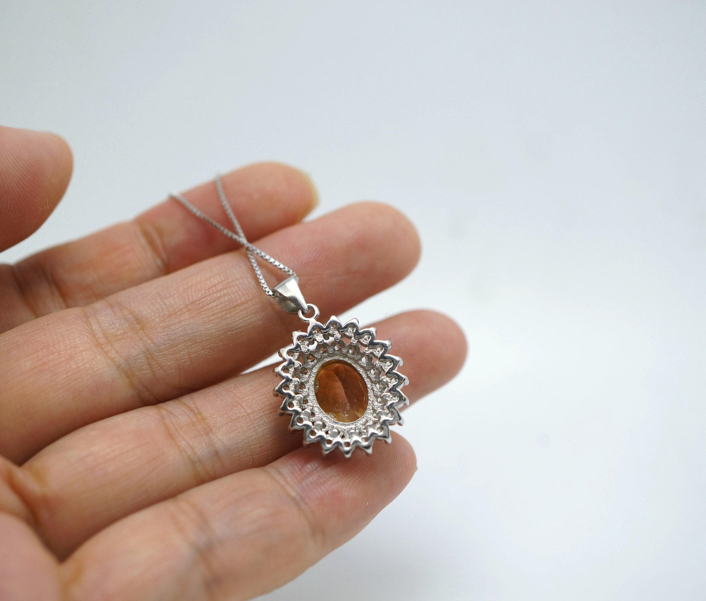 Large Genuine Citrine Necklace Diamond Halo Solitaire Natural Large 3 ct Citrine Pendant November Birthstone - 18KGP @ Sterling Silver #775