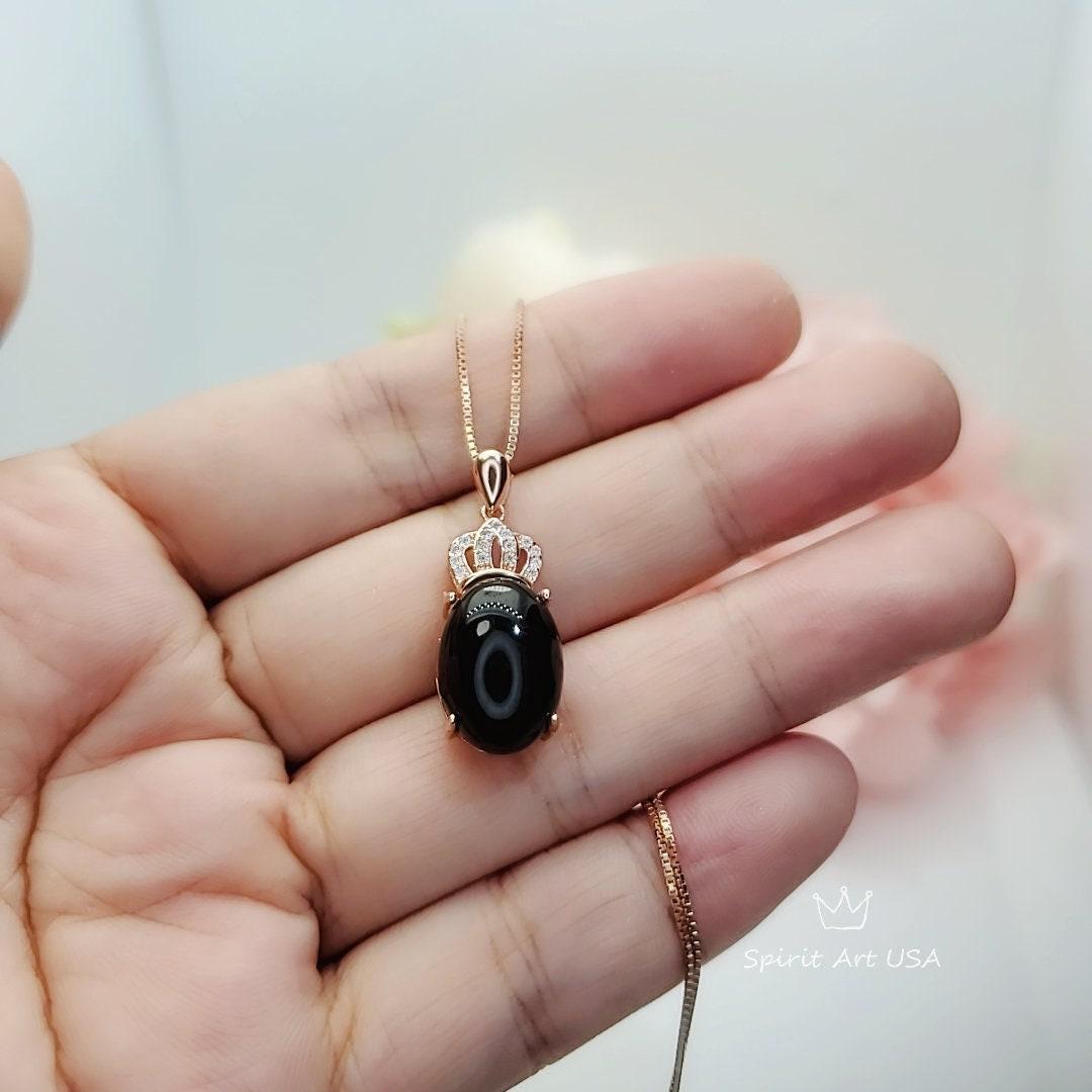 Black Onyx Necklace, Gemstone Crown Rose Gold coated 925 Sterling Silver Black Onyx Pendant Root Chakra Healing #430
