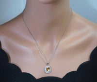Large Genuine Citrine Necklace Diamond Halo Solitaire Natural Large 3 ct Citrine Pendant November Birthstone - 18KGP @ Sterling Silver #775