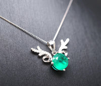 Emerald Necklace - Sterling Silver Deer Antler Necklace - 18kGP - 8 MM 2 CT Round Cut Green Emerald Jewelry #460