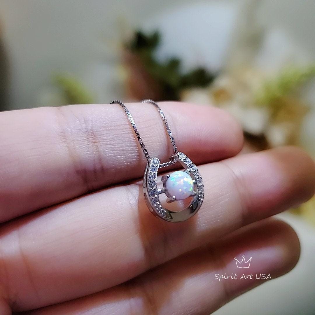 White Opal Horseshoe Necklace Sterling Silver Dainty Diamond Stone Opal Choker, Minimalist White Gold coated Opal Jewelry 1114