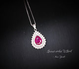 Ruby Necklace double Gemstone Teardrop Halo Red Gemstone Pendant 18KGP Sterling Silver Pear gemstone Jewelry #361