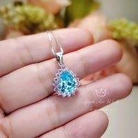 Large Teardrop Aquamarine Necklace - Sterling Silver 3 CT Blue Aquamarine Pendant March Birthstone Pink Tourmaline Halo Pear Aquamarine #528