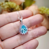 Large Teardrop Aquamarine Necklace - Sterling Silver 3 CT Blue Aquamarine Pendant March Birthstone Pink Tourmaline Halo Pear Aquamarine #528