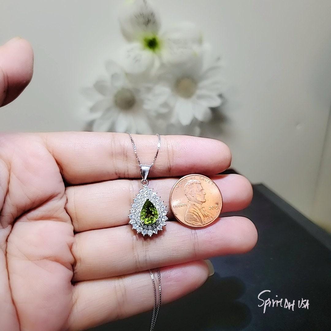 Genuine Green Peridot Necklace -925 Sterling Silver Green Peridot Olivine Necklace - Teardrop August Birthstone Sim Gemstone Pendant #949