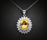 Large Genuine Citrine Necklace Diamond Halo Solitaire Natural Large 3 ct Citrine Pendant November Birthstone - 18KGP @ Sterling Silver #775